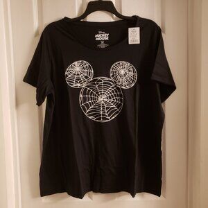 Disney Women's Mickey Mouse Logo Ears Spiderweb Halloween Black White T-Shirt 2X